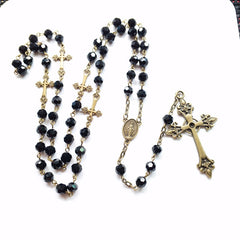 Black Crystal Long Pendant Rosary Necklace