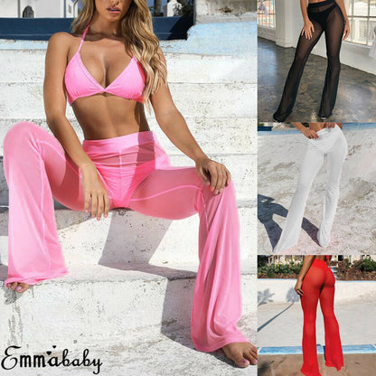 Women's Beach Mesh Sheer Pants See Through Cover Up Bikini Trousers