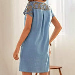 Denim Lace Summer Dress Women's Short Sleeve V Neck Button Pocket Party Dress