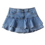 Denim Short Ruffle Skirt With Inner Jean Shorts High Waist For Teens