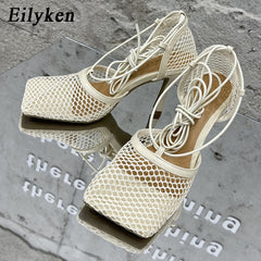 Square Toe Mesh Pumps Sandals High Heel Lace Up Cross-Tie Stiletto Shoes