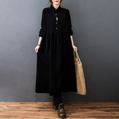 Corduroy Midi Dress Women Casual Loose Elegant Vintage Office Casual Fashion Dress