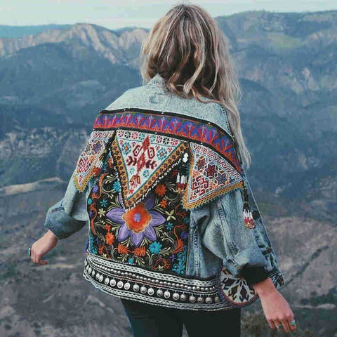 Floral Embroidered Appliqué Denim Jacket Women Long Sleeve Casual Chic Outerwear Fashion