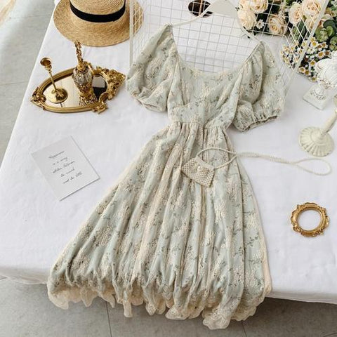 Floral Puff Sleeve Tea Dress Women Vintage Bodycon Lace Mesh Ruffle Casual Summer Fashion