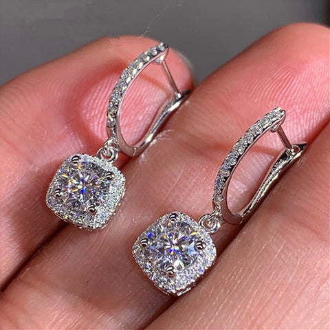 Hoop Earrings Women Cubic Zirconia Dangle White Gold Plated Princess Cut Square Halo CZ Charm