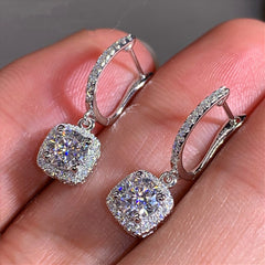 Classic Cubic Zirconia Dangle Hoop Earrings for Women Girls White Gold Plated Princess Cut Square Halo CZ Charms