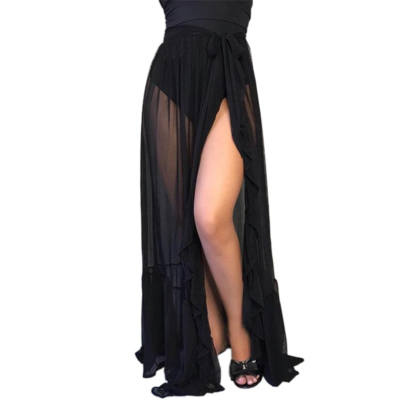 High Waist Sheer Mesh Maxi Skirt Women Transparent Side Split Ruffle Swimwear Cover Up Fashion