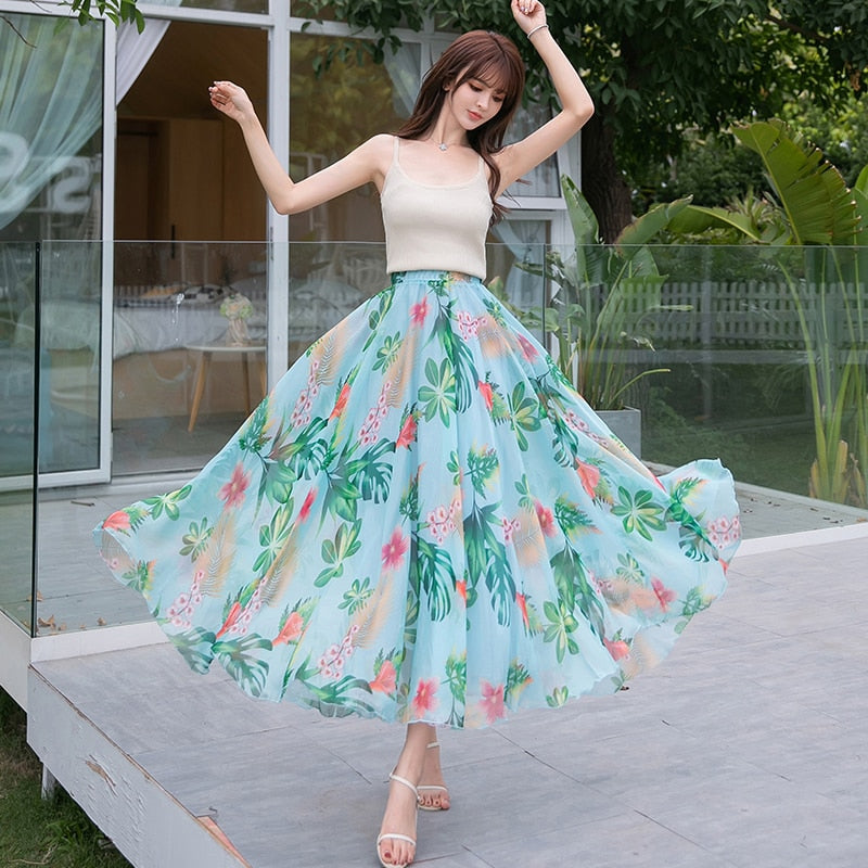 Women's Floral Chiffon Long Skirts Summer A-Line Elegant Fairy Skirts Ankle-Length