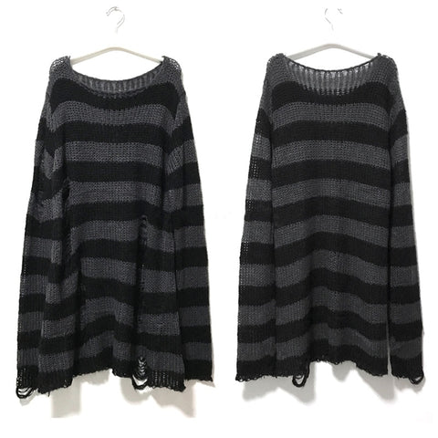 Striped Gothic Sweater Unisex Long Loose Hollow Out Hole Distressed Cool Streetwear Fashion