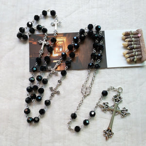 Black Crystal Long Pendant Rosary Necklace