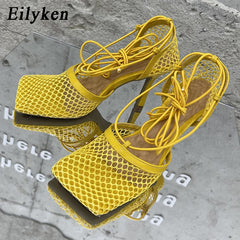 Square Toe Mesh Pumps Sandals High Heel Lace Up Cross-Tie Stiletto Shoes