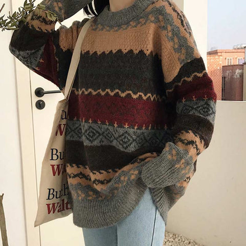 Retro Academia Knit Pullover Sweater Women Loose Korean Style Vintage Casual Winter Fashion