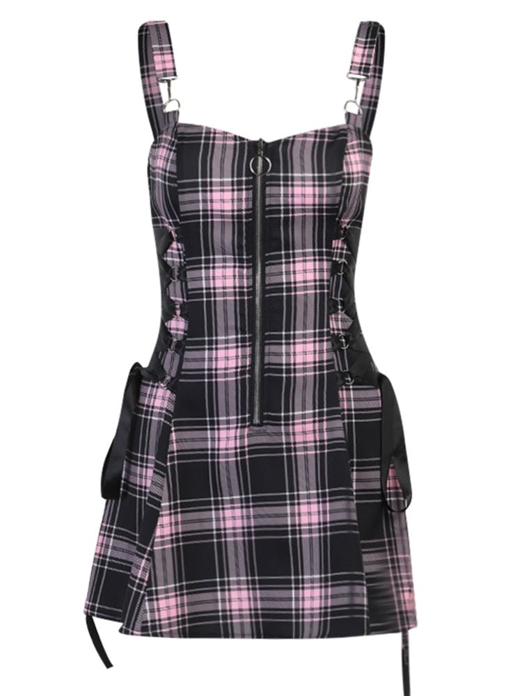 black and pink plaid dress Justice Girls Dress pink black plaid Size 10 knit Retro Drop Waist EUC