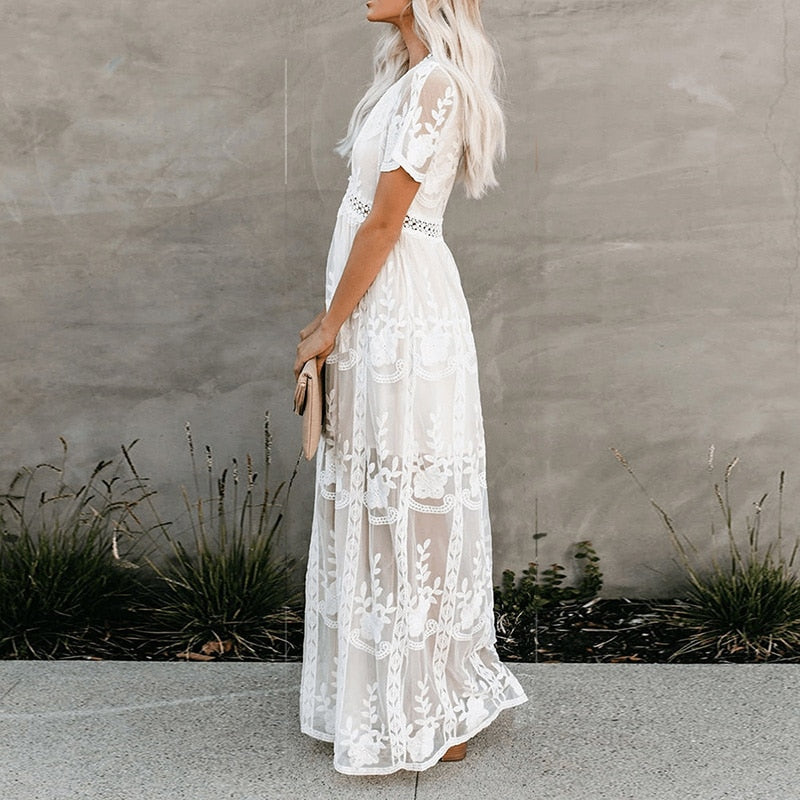 Loose Embroidery White Lace Long Tunic Beach Dress Maxi