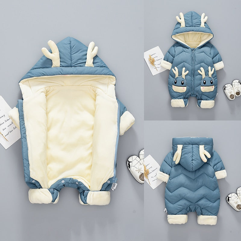 Newborn Baby Winter Snowsuit Velvet Thick Baby Jumpsuit 0-2 Years  Hooded Deer Ears Romper