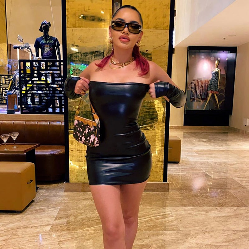 Faux Vegan Leather Tube Dress With Gloves Women's Backless Bodycon Mini Dress