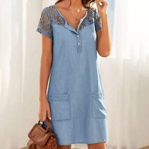 Denim Lace Midi Dress Women Short Sleeve V-Neck Button Pocket Party Casual Fashion Dress