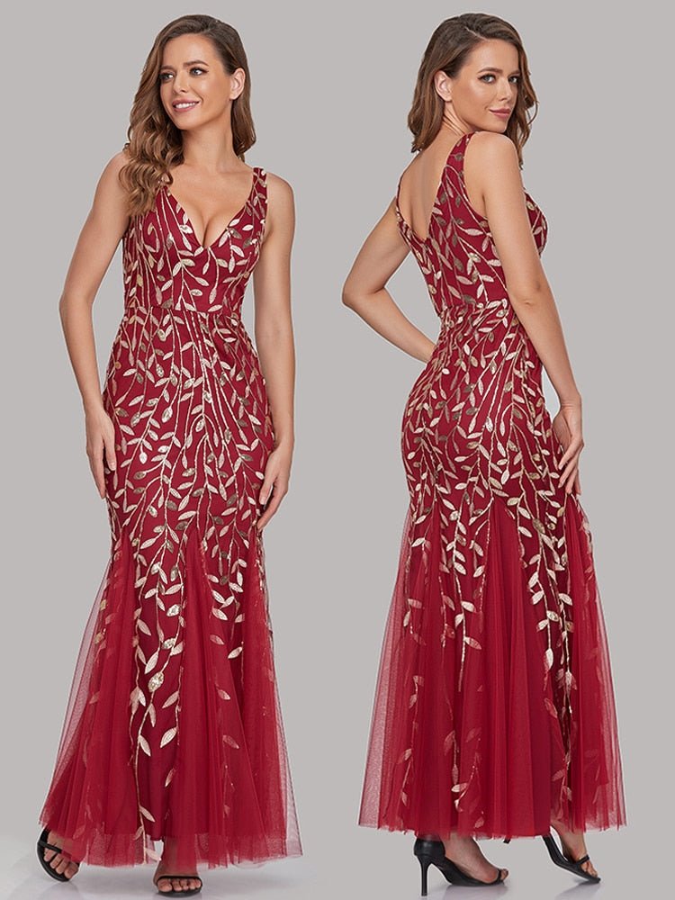 Plus Size Sequin Cocktail Dress Women Double V-Neck Sleeveless Elegant Party Prom Fashion