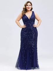 Plus Sequin Sleeveless Cocktail Dress Double V Neck Party Prom Gown