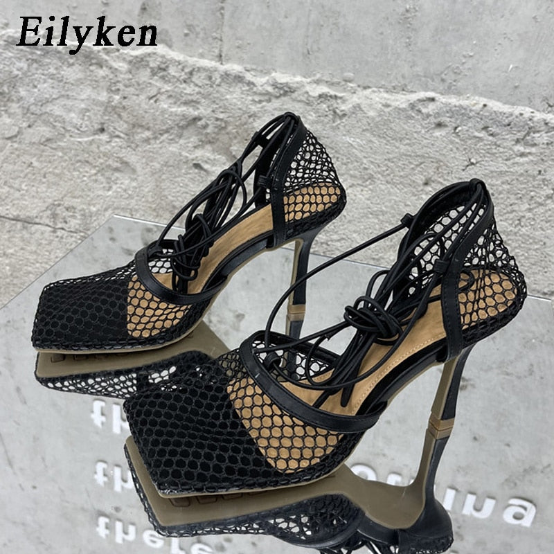 Square Toe Mesh Pumps Sandals High Heel Lace Up Cross-Tie Stiletto Shoes
