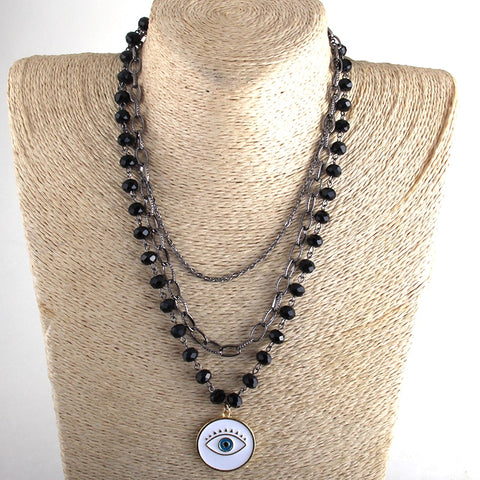 Black Glass Rosary Cross Pendant Necklace Chain Link Elegant Fashion Jewelry Gift
