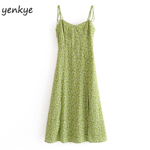 Floral Print Midi Dress Women Vintage Green Sleeveless Slit A-Line Casual Summer Fashion Dress