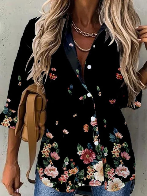 Floral Print Long Sleeve Shirt Women Lifestyle Casual Loose Comfortable Fashion Top
