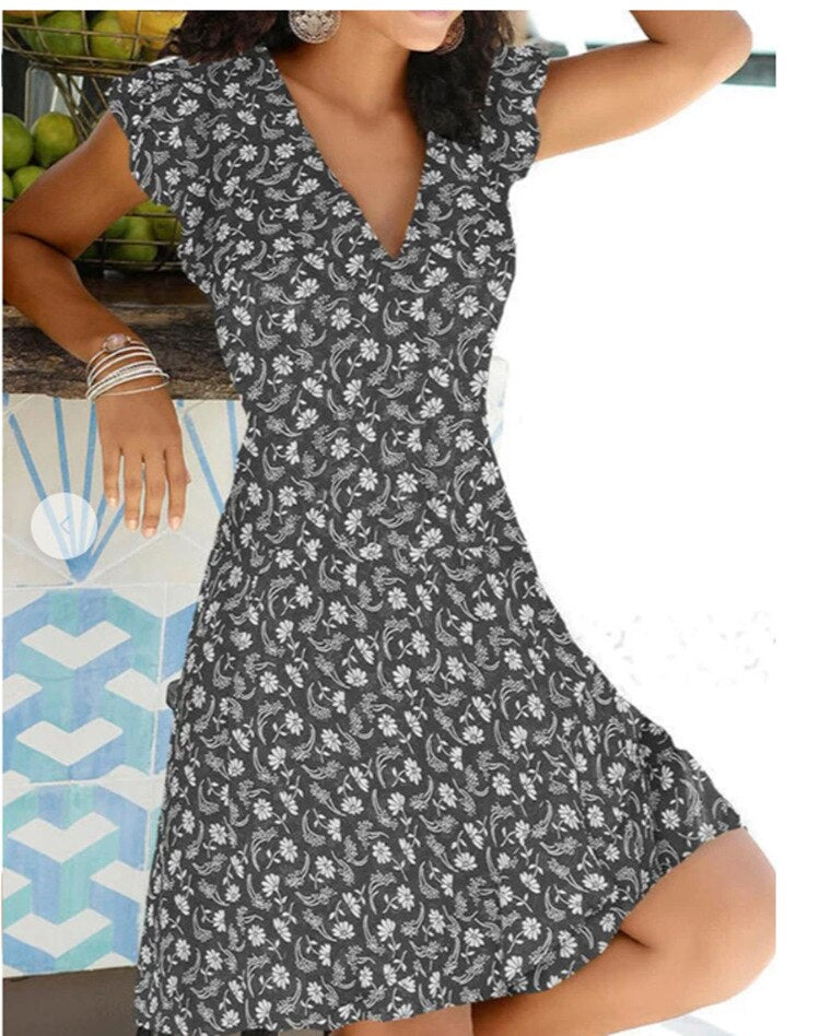 Women's Summer V-Neck Floral Print Party Dress Vintage Style (S-2XL)