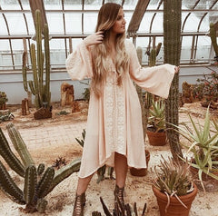 Women's Long sleeve Floral Embroidered Cotton Long Dress