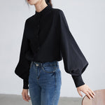 Vintage Lantern Sleeve Blouse for Women Autumn Winter Single Breasted Button Down Shirt