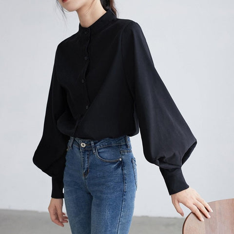 Lantern Sleeve Blouse Women Vintage Single Breasted Button Down Autumn Winter Casual Fashion Top