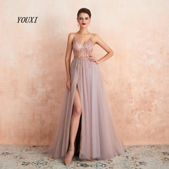 Sexy Spaghetti Strap Evening Dress Long Slit Corset Prom Dress