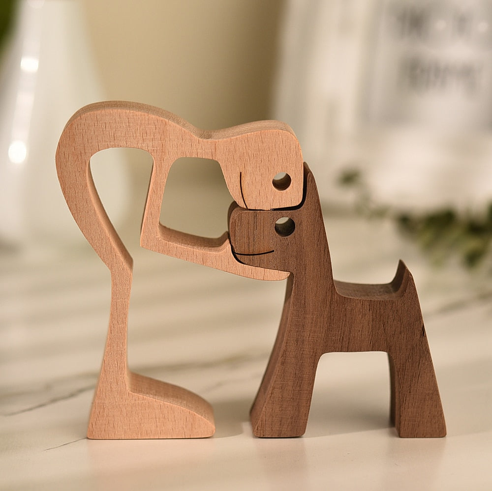 Family Puppy  Wooden Dog Figurine Sculpture Table Ornament