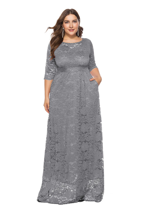 Plus Size Black Lace A-Line Maxi Dress Women 3/4 Sleeve Elegant Prom Homecoming Wedding Guest