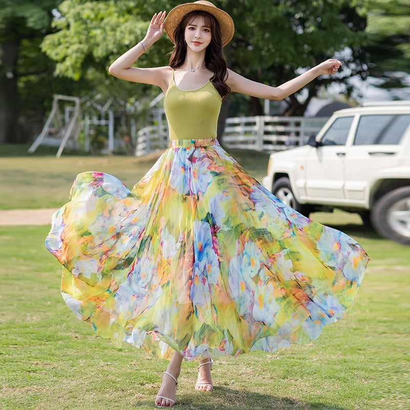 Women's Floral Chiffon Long Skirts Summer A-Line Elegant Fairy Skirts Ankle-Length