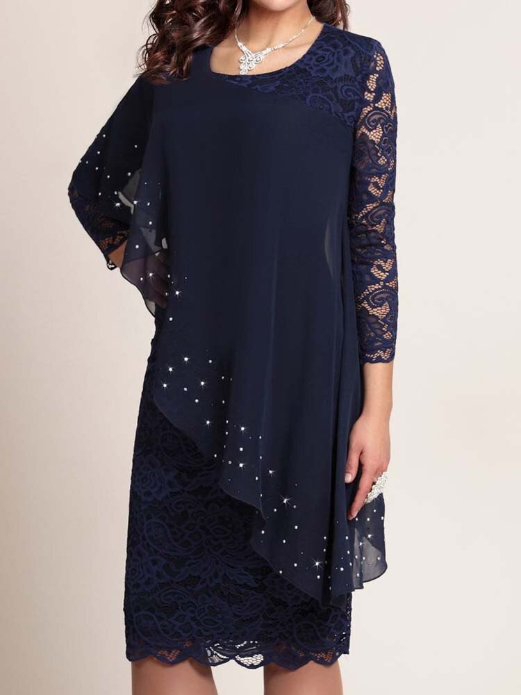 Plus Size Elegant Dress Ruffle Patchwork Mesh Lace 3/4 Sleeve Dress