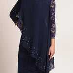 Plus Size Elegant Dress Ruffle Patchwork Mesh Lace 3/4 Sleeve Dress