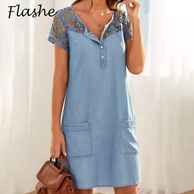 Denim Lace Summer Dress Women's Short Sleeve V Neck Button Pocket Party Dress