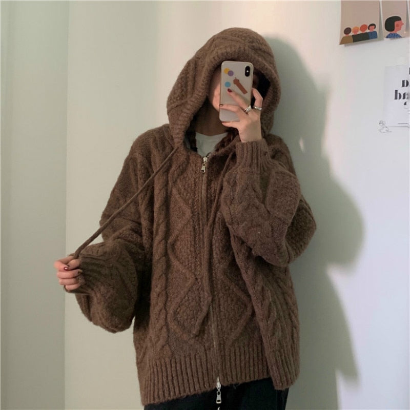 Autumn Winter Over-sized Knitted Cardigan Casual Hooded