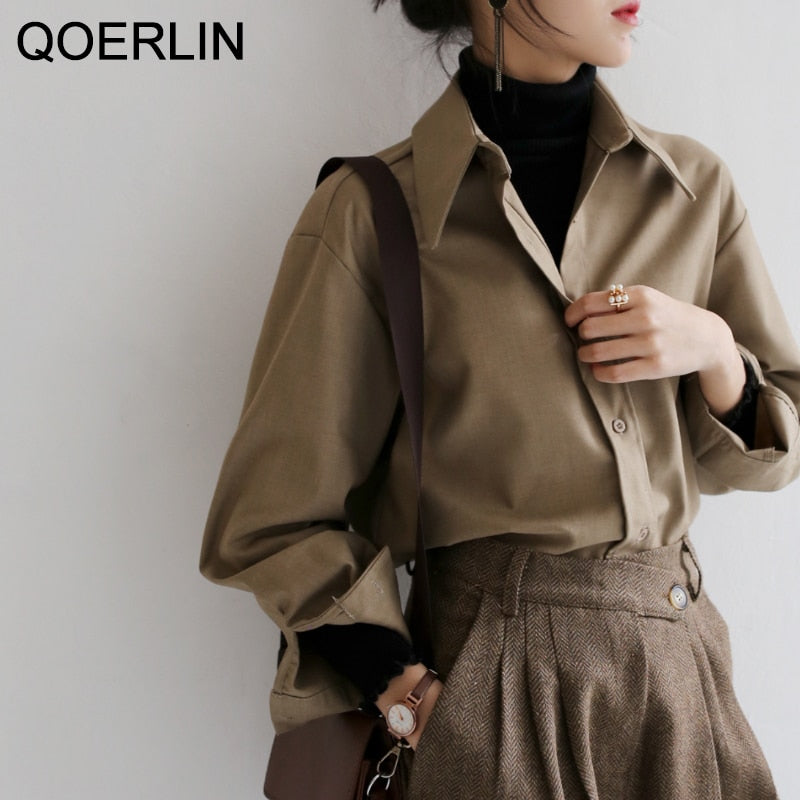 Dark Academia Clothing Autumn Winter Casual Shirt Coffee Brown Blouse For Women Office Work Clothes