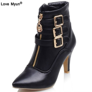 Spring Fall Pointed Toe Buckle Boots Ankle High
