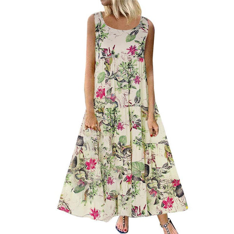 Plus Size Floral Print Maxi Tank Dress Women Casual Loose Beach Vacation Summer Fashion