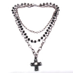 Multiple Black Glass Rosary  Link & Chain Cross Pendant Necklaces
