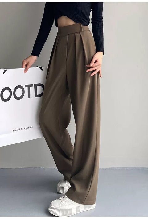 Wide Leg Suit Pants Women Brown Classic Casual Office Elegant Fashion Trousers