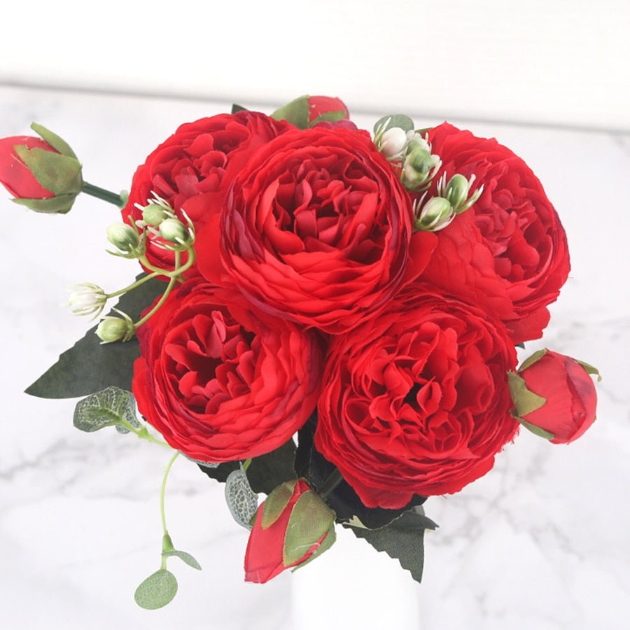 Artificial Rose Bouquet 5 Heads 4 Buds Faux Flowers Home Wedding Decor Gift Arrangement