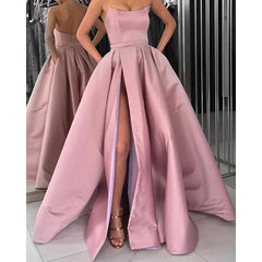 Long Satin Prom Dress Evening Ball Gown Strapless Corset High Slit Dress