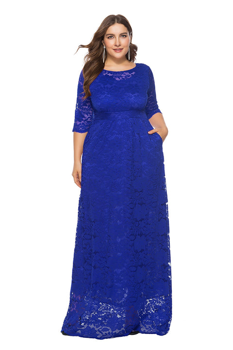 Plus Size Black Lace A-Line Maxi Dress Women 3/4 Sleeve Elegant Prom Homecoming Wedding Guest