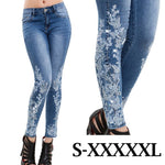 Stretchy Embroidered Jeans For Women Low Rise Jeans - Slim Fit Plus Size Denim Blue
