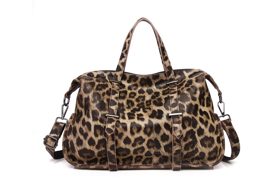 Women Large Capacity Top-handle Bag Leopard Pattern Genuine Leather Handbag