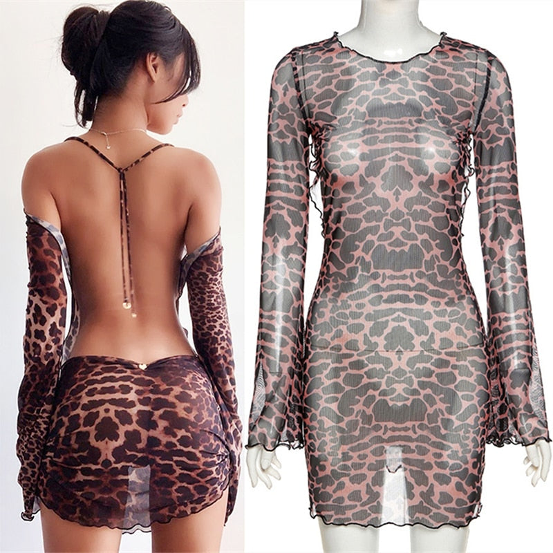 Women's Party Mini Dress Long Sleeve Sexy Open Back Leopard Sheath Dress